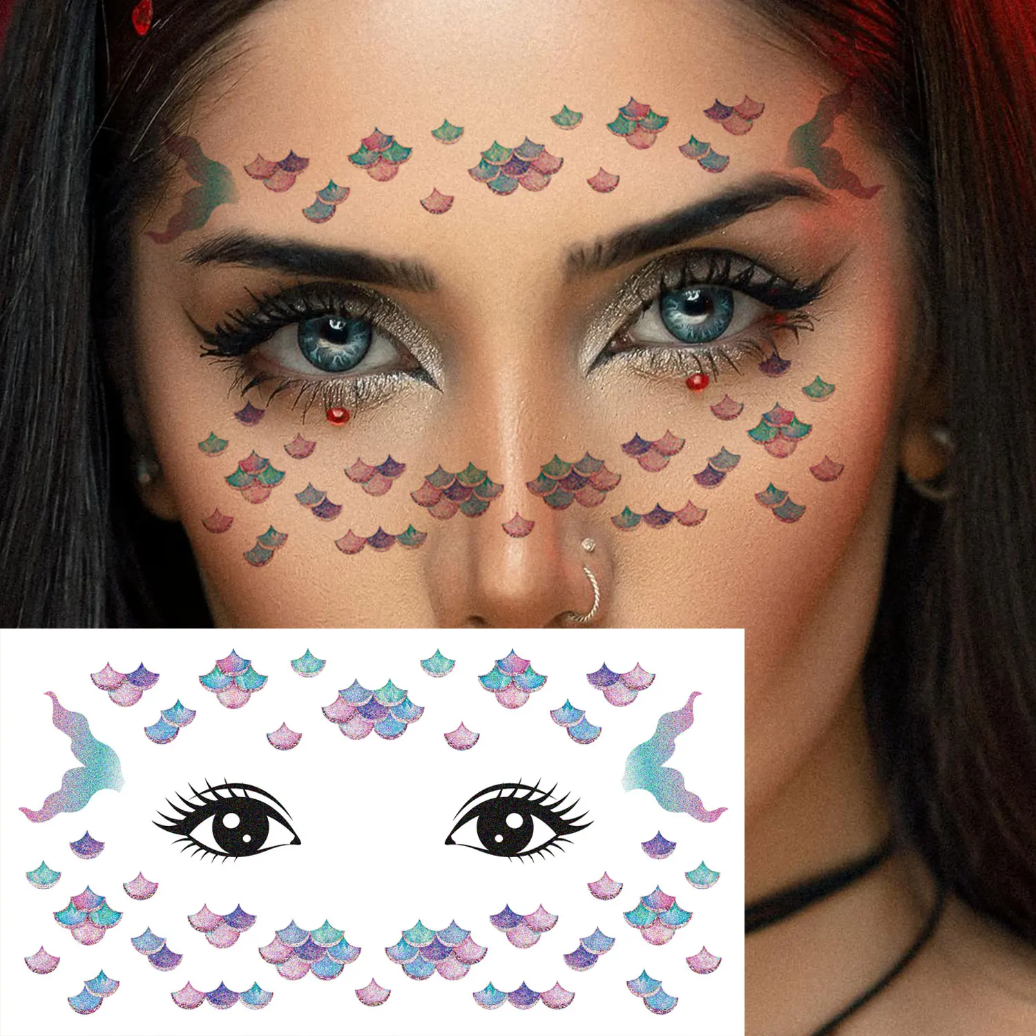 8 أوراق حورية البحر الموازين الوجه بريق ملصقات الوشم المؤقت سباركلي الملونة العين الجبين الفن ماكياج تصميم الموازين وهمية