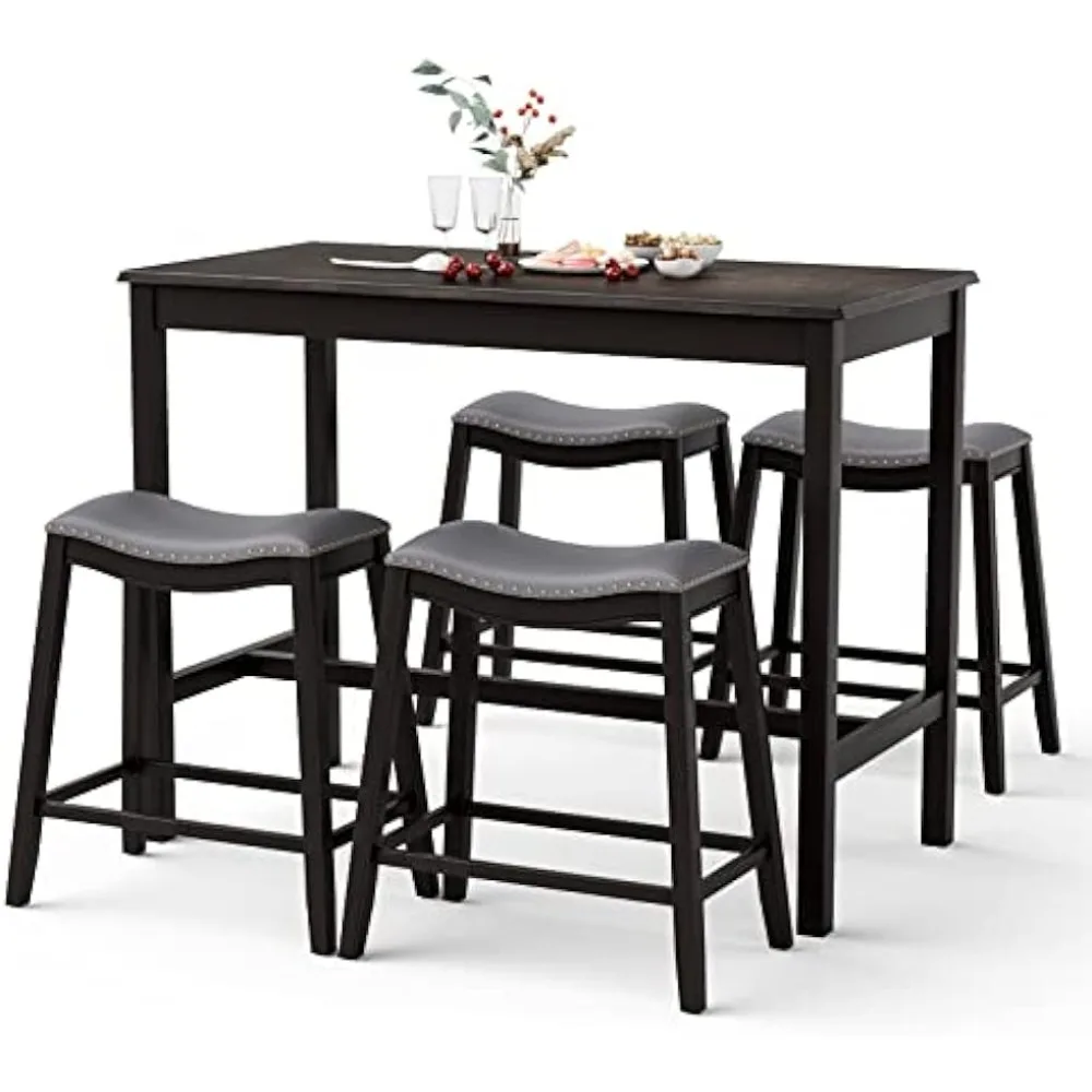 5 Pieces Bar Table Set, Bistro Table Set for 4, Counter Height Pub Table with 4 Upholstered Stools, Modern Kitchen & Dining Room