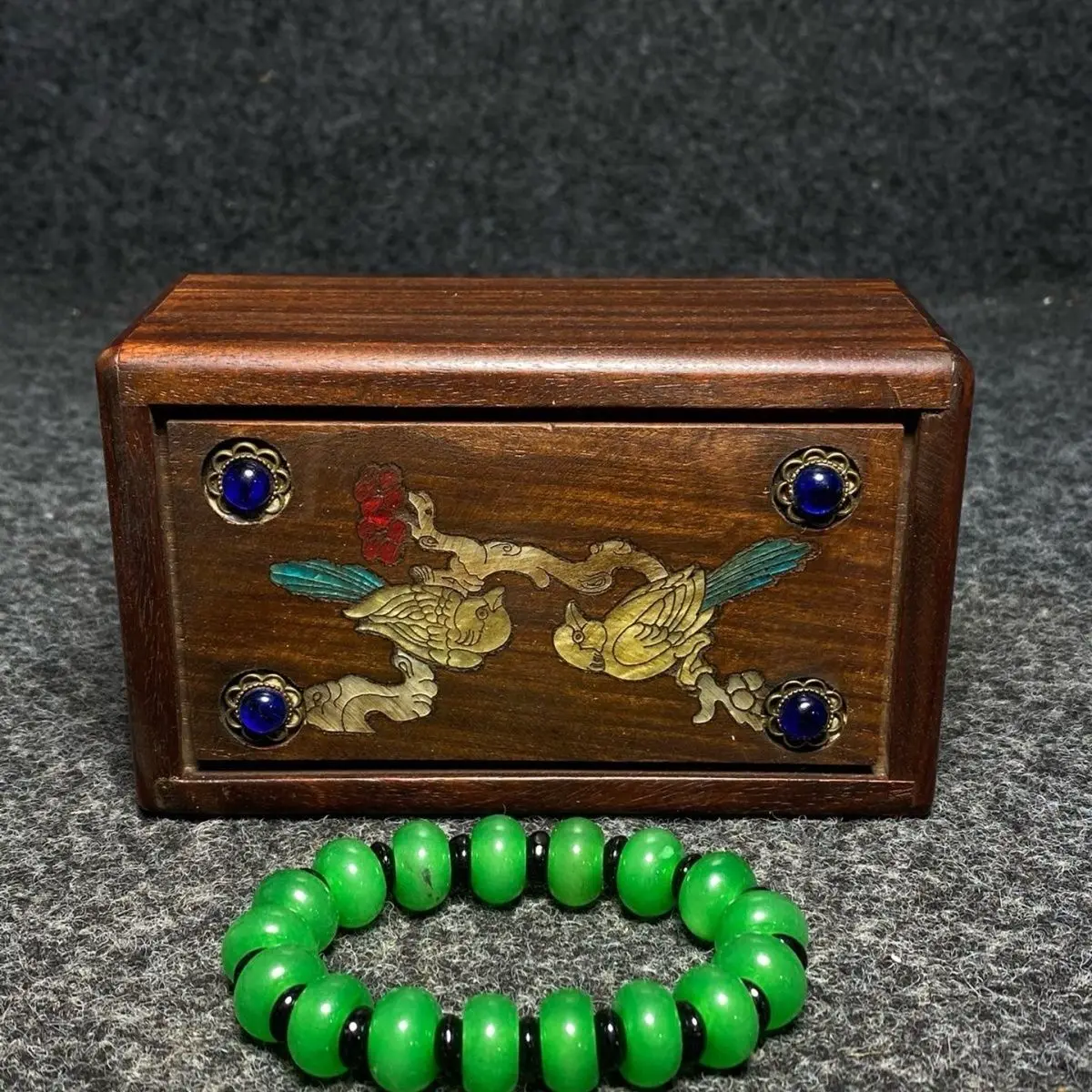 Rosewood inlaid with color shell mechanism collection box with jadeite bracelet bracelet size: diameter 14mm