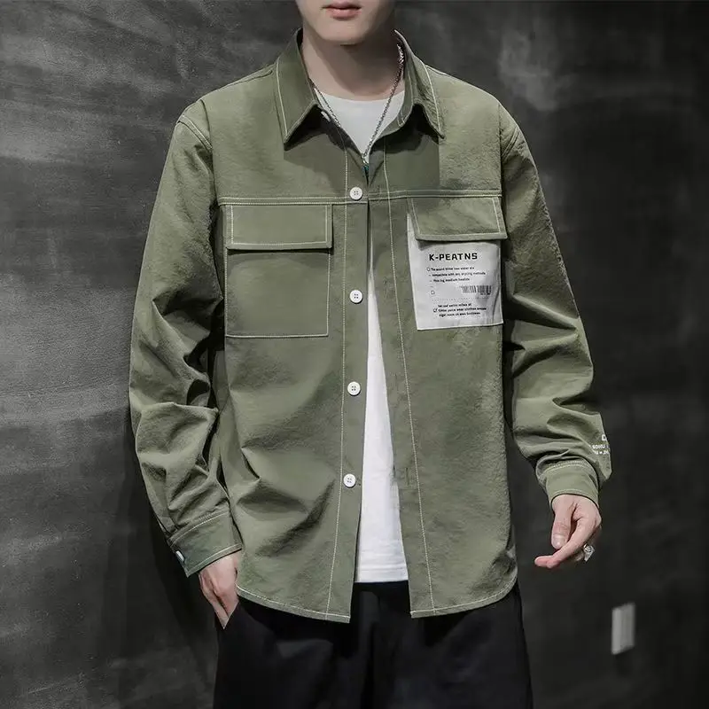 Fashion Lapel Button Spliced Letter Pockets Shirts Men's Clothing 2022 Autumn Loose New Casual Tops All-match Korean Shirt