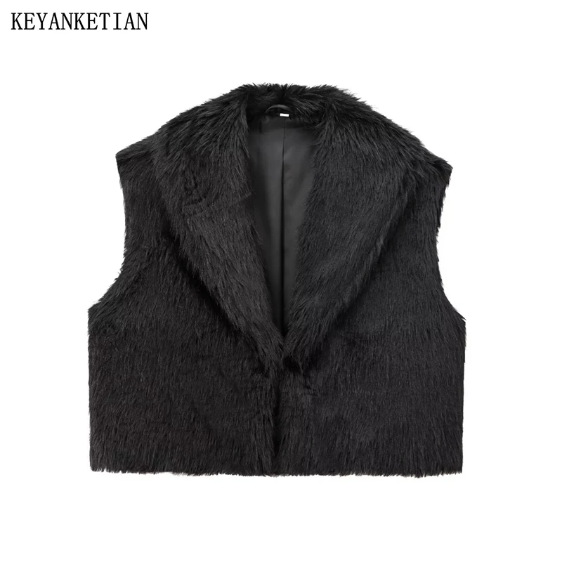 KEYANKETIAN Winter New Women's Black Fake Fur Vest Waistcoat Retro style Large Lapel Covered Button Cropped Sleeveless Outerwear