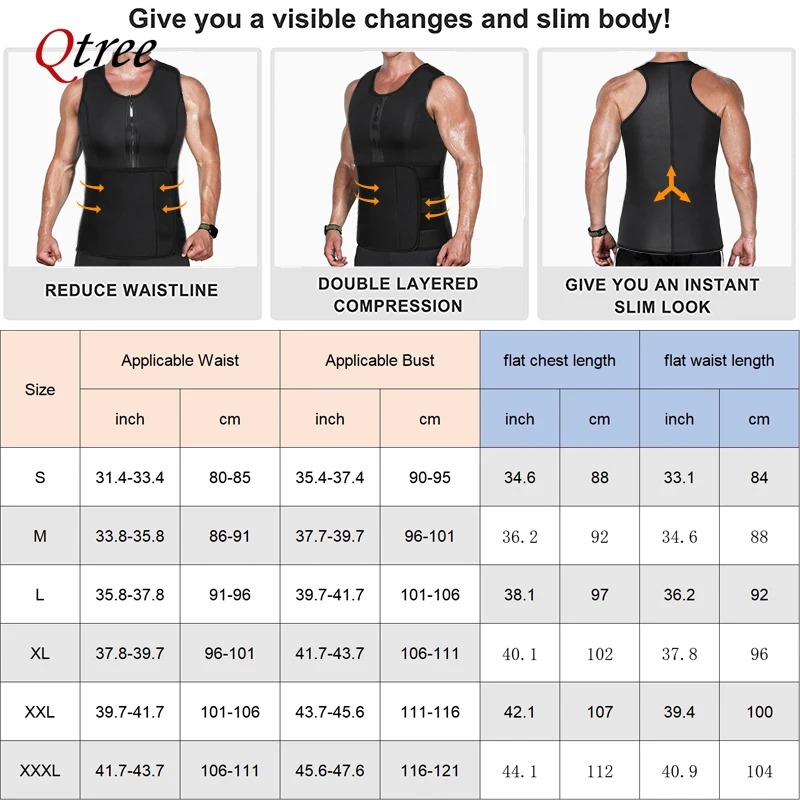 Qtree Men Body Shaper Waist Trainer Vest Slimming Sauna Sweat Jacket Compression Shapewear Fat Burner Workout Belly Trimmer Tops