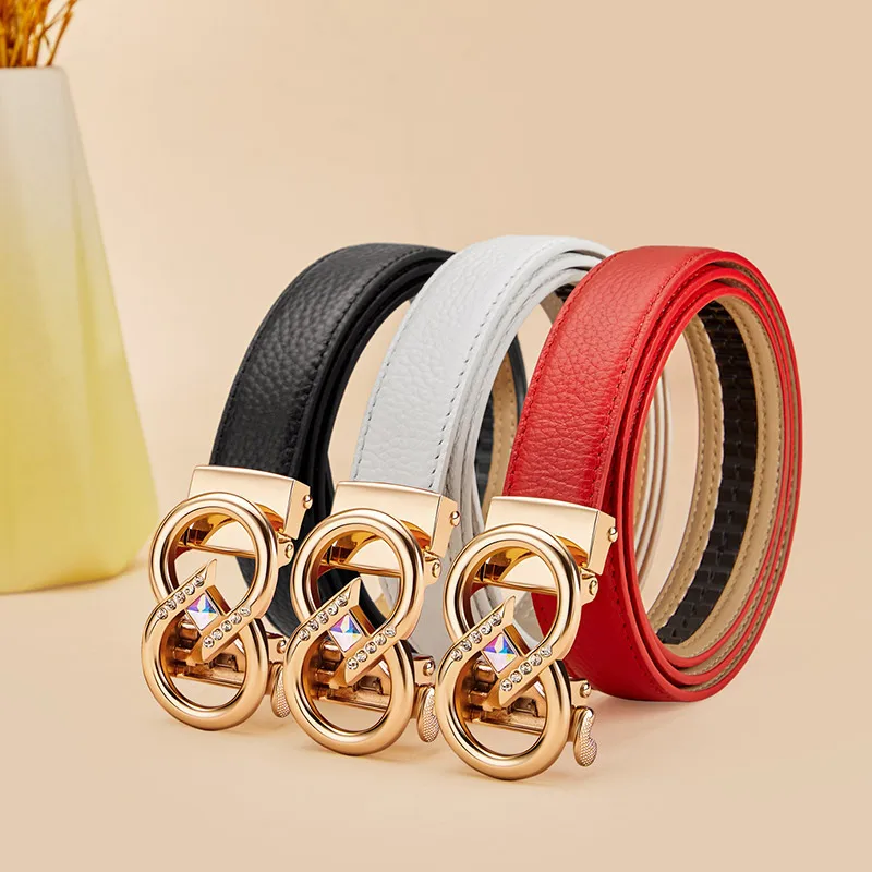 Women's leather belt, fashionable automatic buckle belt, trendy casual belt