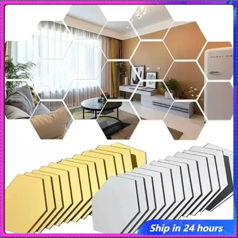 

60pcs Acrylic Wall Mirror Hexagon Self Adhesive Stickers in 4 Colors Mosaic Tile Decals for Decoration DIY Art Ornaments Gift