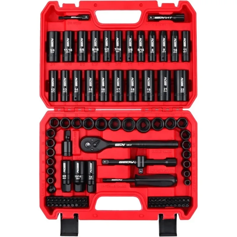 

Набор ударных торцевых головок 3/8 дюйма, 96 предметов, SAE/метрические стандартные глубокие головки, с трещоткой