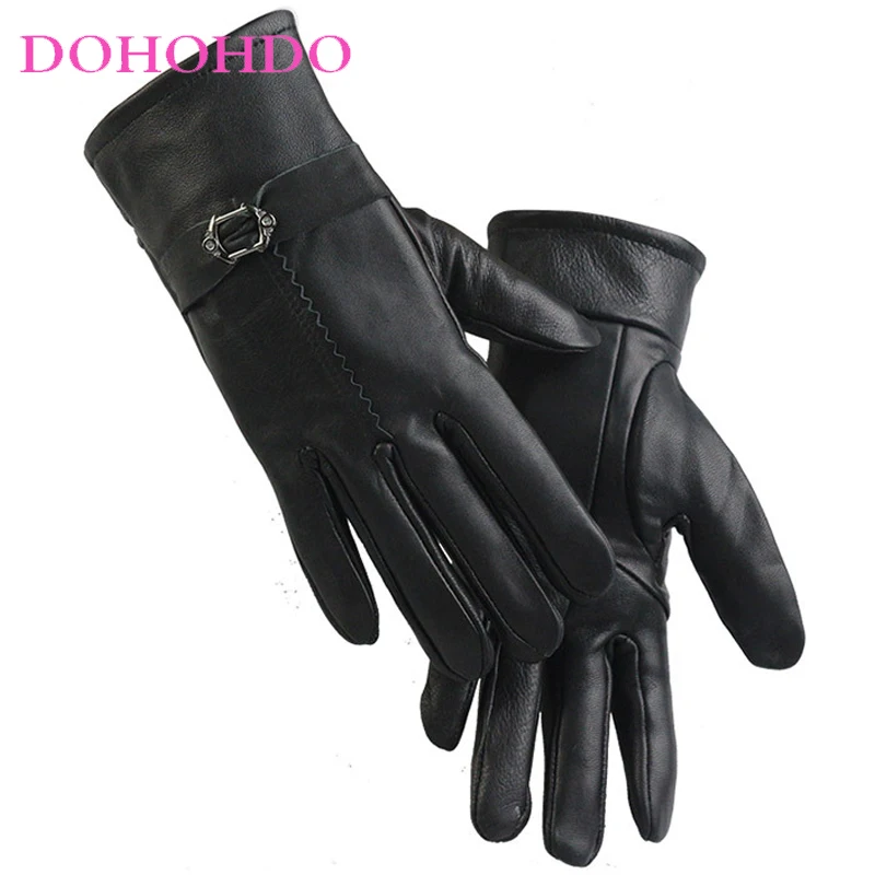 Sheepskin Black Gloves Women's Autumn And Winter Velvet Warm Leather Gloves Waterproof Windproof Riding Velvet Motorcycle Gloves