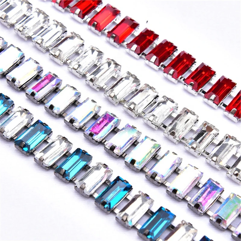 5*10Mm Long Strip Rhinestone Trimming Colored Array Rectangle Glass Strass Crystal Cup Chain For Shoes Bags Clothing Accessories