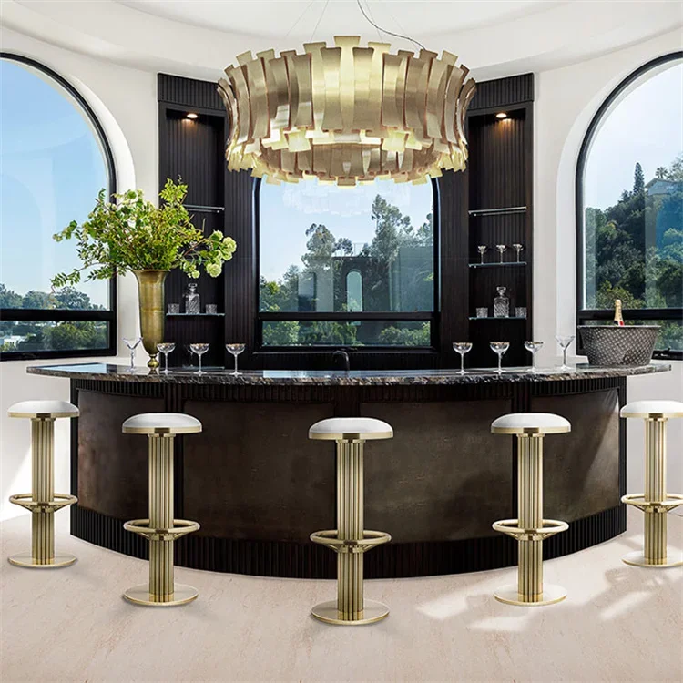 

High Chair Modern Brushed Gold Luxury Metal Upholstered Leather Bar Stool For Hotel