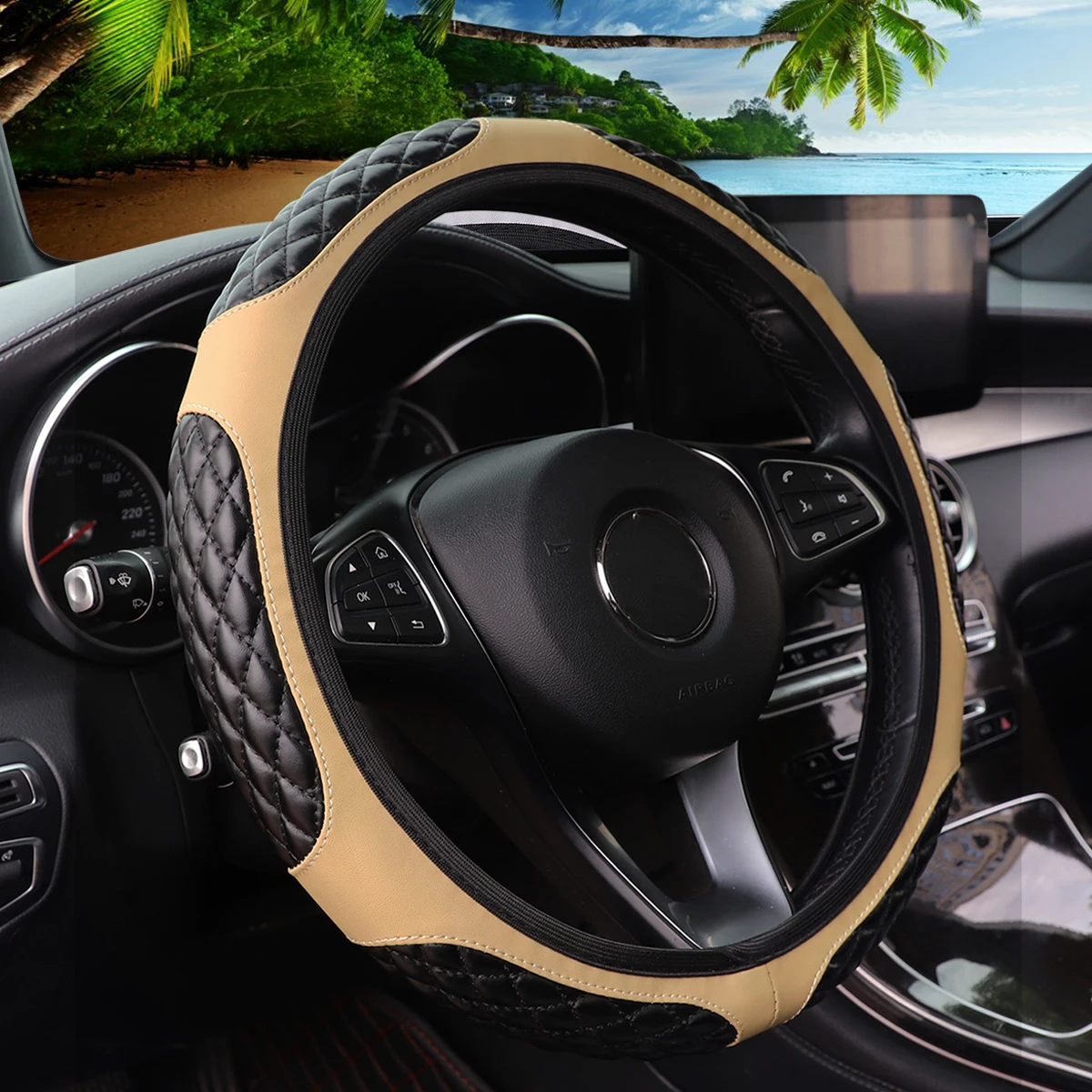 PU leather embroidered 6-round car rimless steering wheel cover suitable for 38cm car decoration items for women