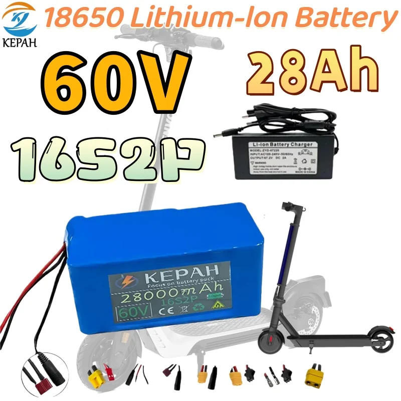 16S2P 60V 28Ah 18650 Lithium-Ion Battery Pack, Suitable for 60V Lithium-Ion 28000mAh Battery, Built-in BMS+2A Charger