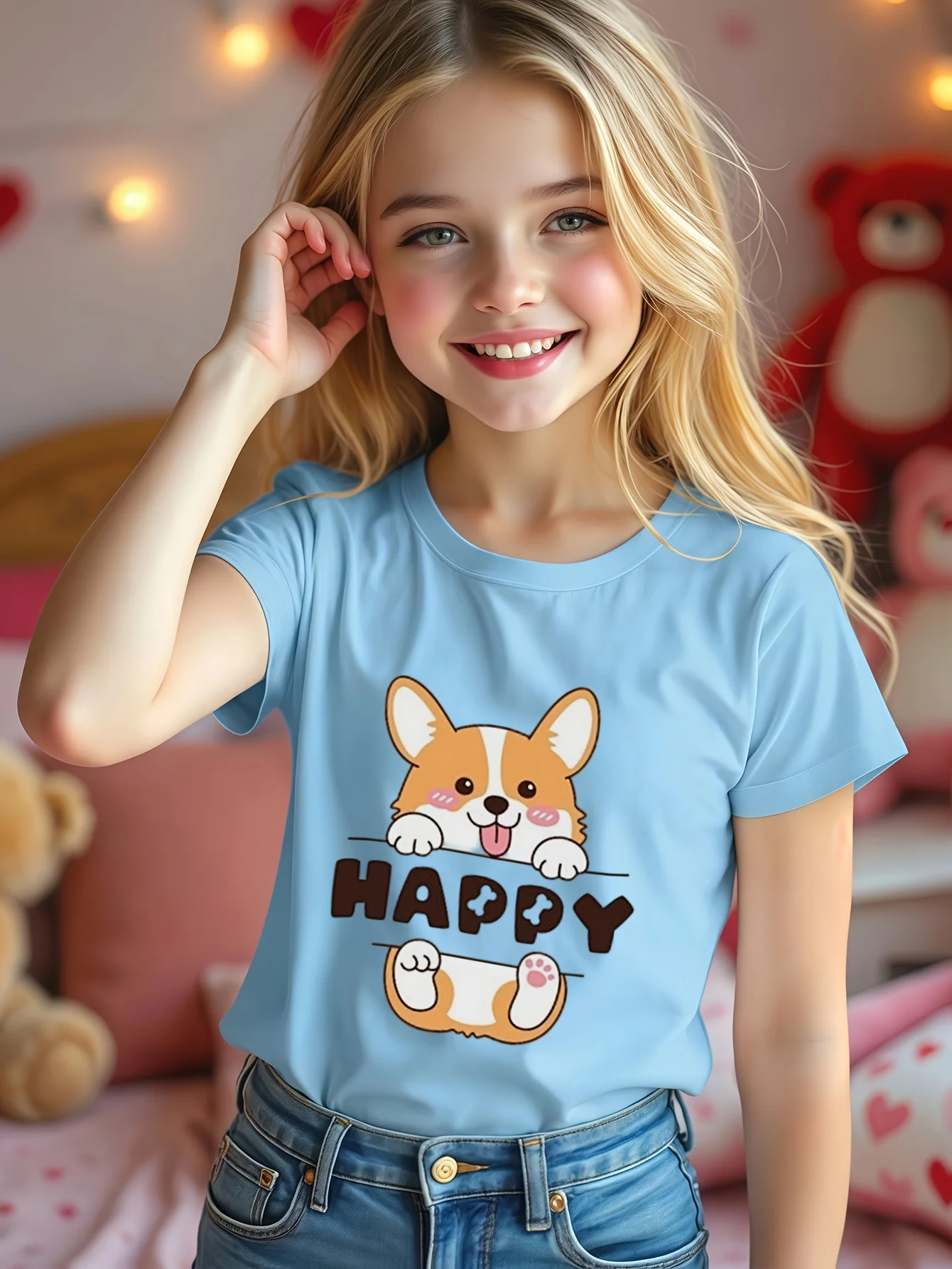 Happy Corgi Puppy Cartoon Print Kids T Shirt Family Matching Outfit Boys Girls Kids Short Sleeve Children Daily Tees Tops