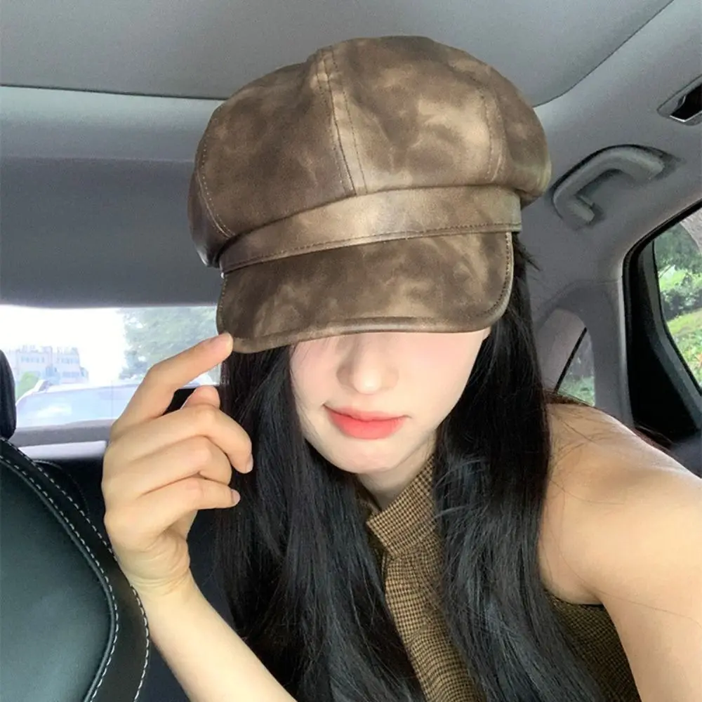 

Retro British Style Pu Leather Beret Autumn Winter Casual Painter Hat Octagonal Cap Black Brown Artist Cap Lady