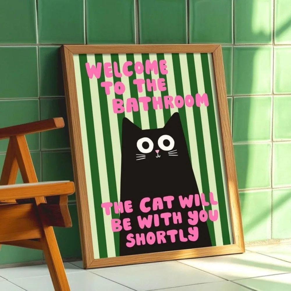 1 Piece of Frameless Bathroom Black Cat Print,Green Stripes,Animal Poster Canvas Painting,for Toilet Bathroom Wall Art Decor