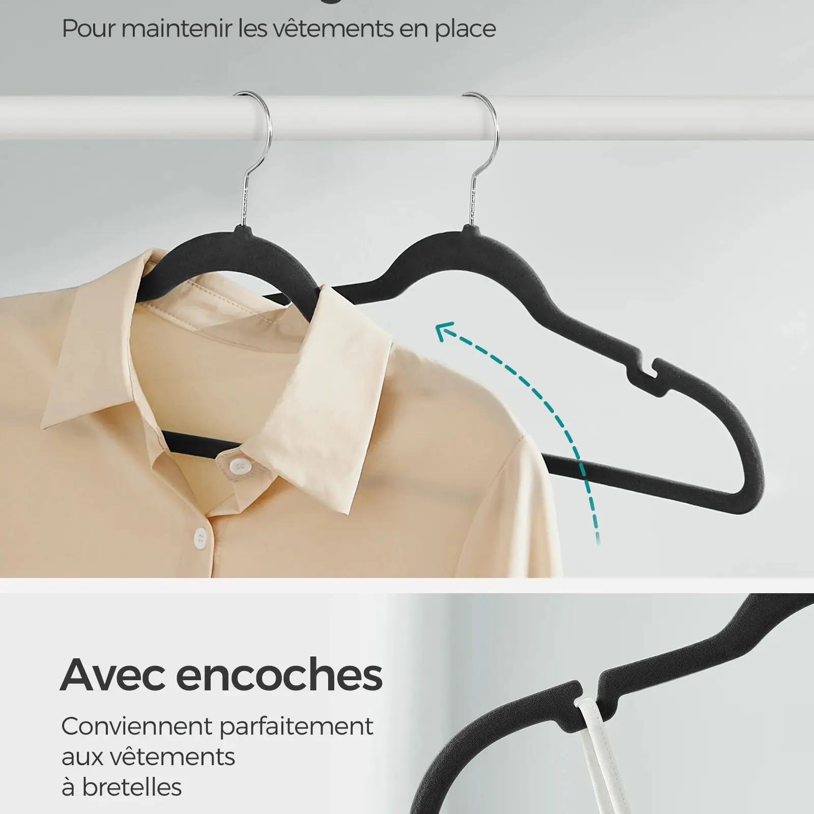 شماعات مخملية، عبوة 30/50، غير قابلة للانزلاق، مع شقوق، شريط بنطلون، 360 درجة ° خطاف دوار، موفر للمساحة، سمك 0.6 سم، طول 43 سم #2