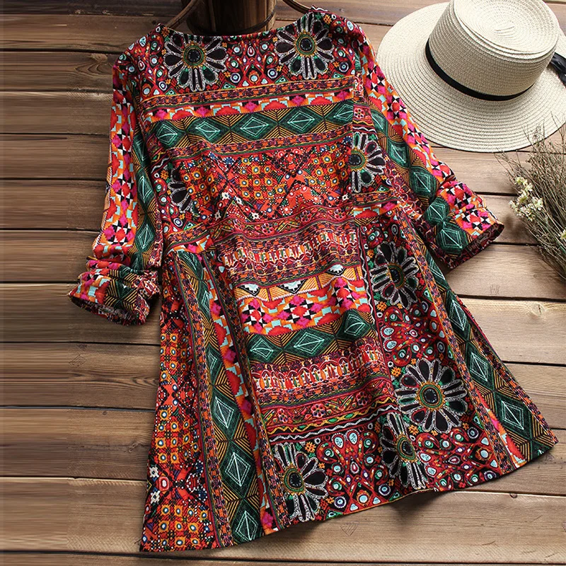 

Women Blouses New Retro Printed Loose Oversized Long Sleeved Cotton and Linen Round Neck Top Women's Clothing