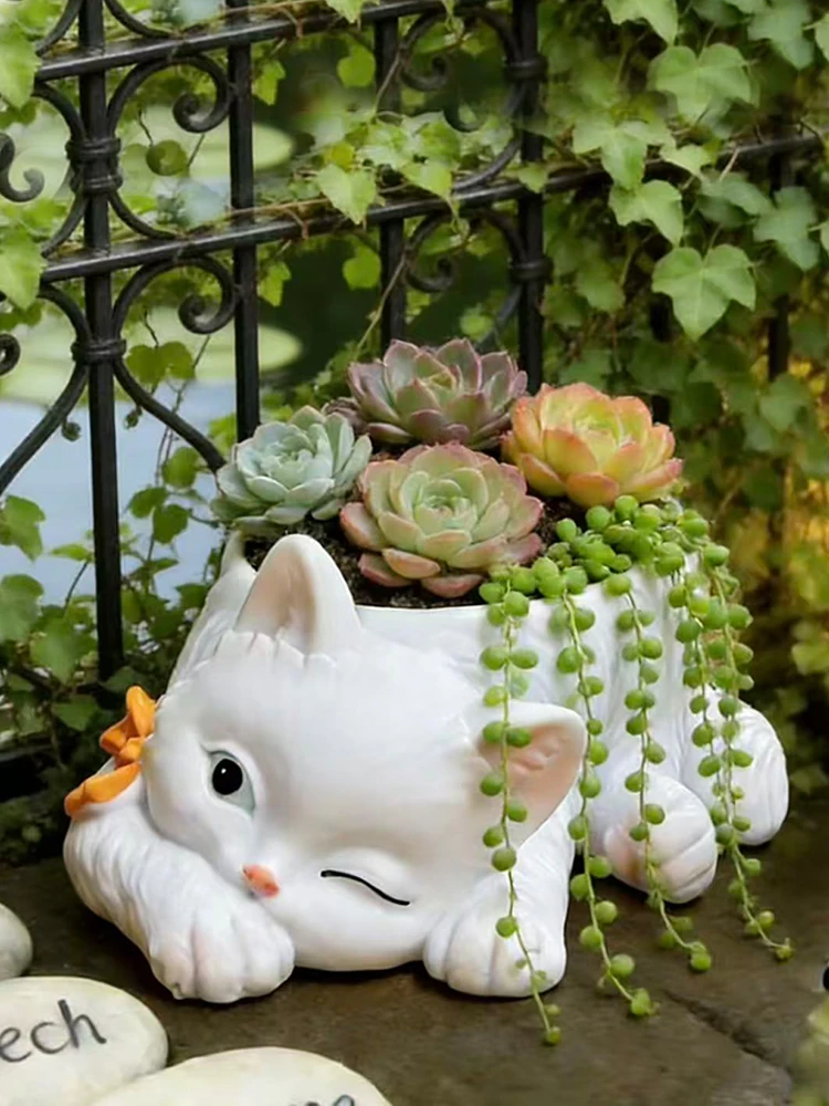 Kreativer Zwinkernder Katzen-Keramiktopf für Sukkulenten Niedlicher Tierförmiger Blumentopf mit Fliege für Heim Garten Balkon Deko Geschenk – Detail 5