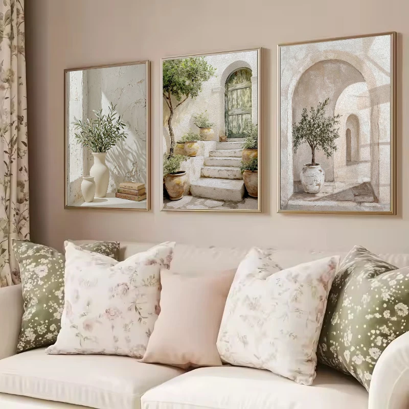 Serene Mediterranean Italian Door Olive Tree Coastal Architecture Nordic Poster Canvas Painting Wall Art Pictures Home Decor