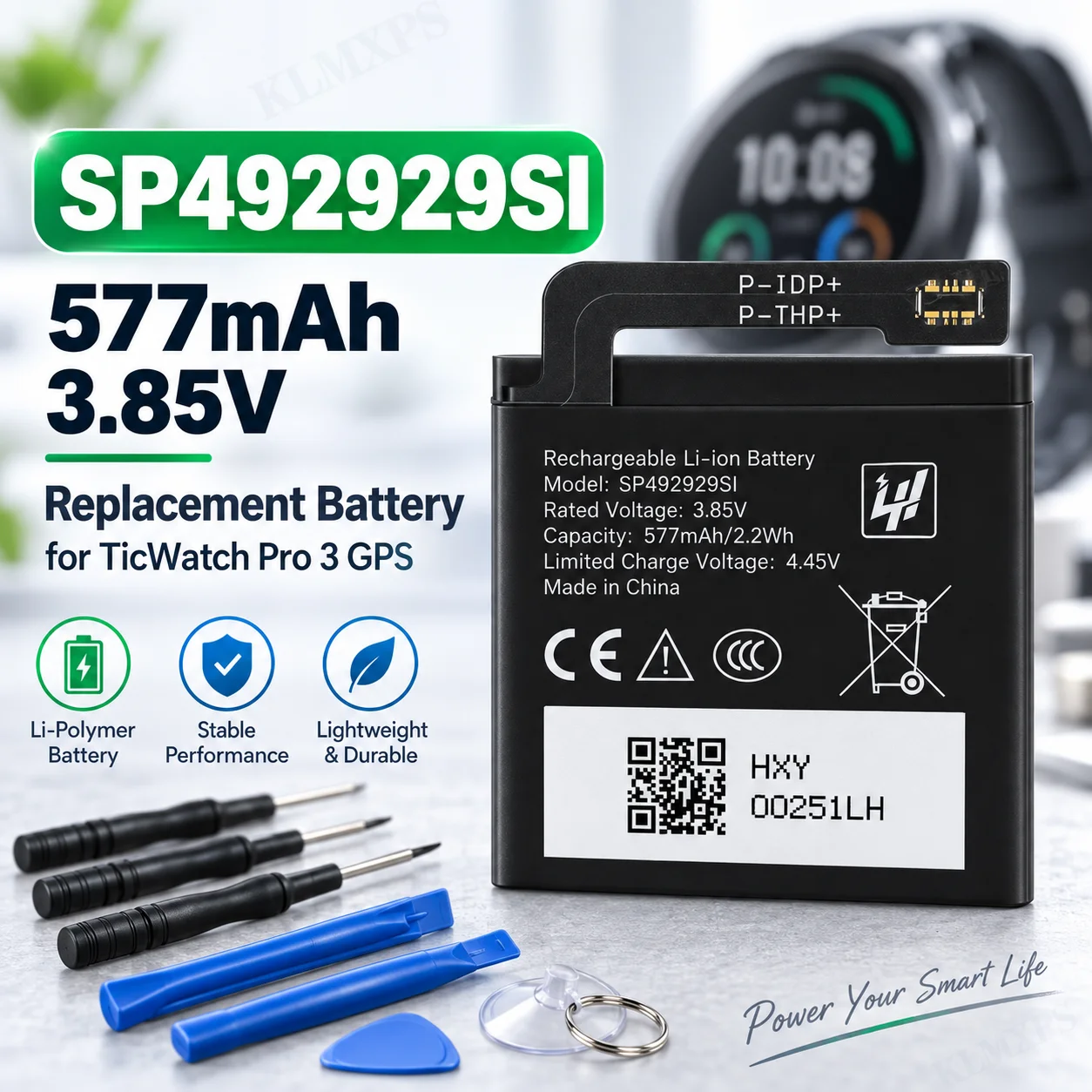 SP492929SI 3.85V 577mAh Li-ion Polymer Battery Replacement for TieWatch Pro 3 GPS Smart Watch Rechargeable Battery with Tools
