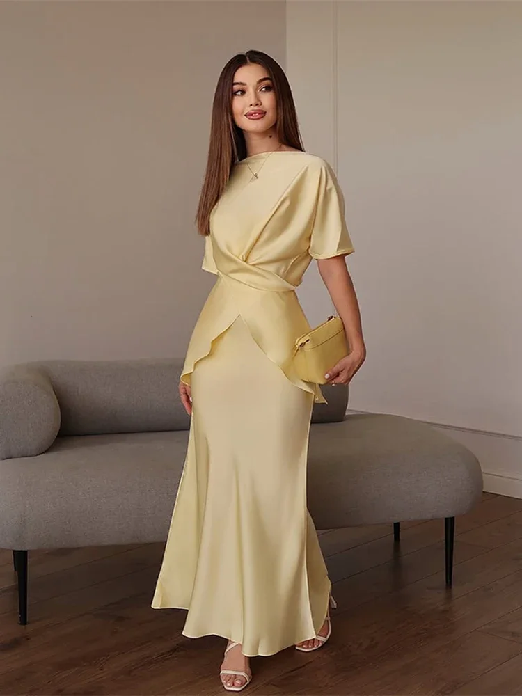 

Stylish Slim Lace Up Waist Midi Dress Feminine O Neck Ruffled Short Sleeve Blouse 2025 Elegant Ladies Summer Two Piece Outfit