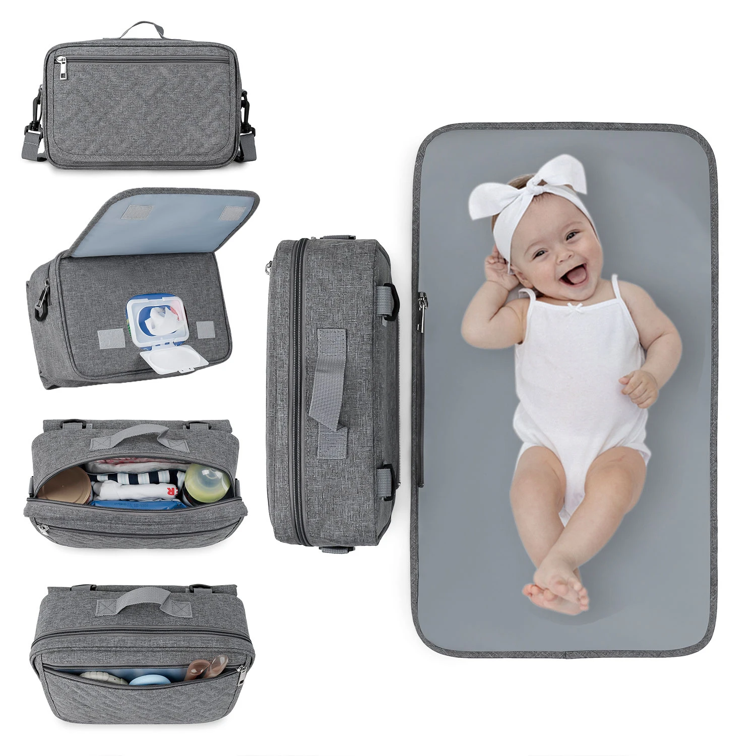 大容量収納取り外し可能なベビーおむつ交換パッドポータブルベビーカーバッグ防水尿マットワイプポケットショルダーストラップ付き