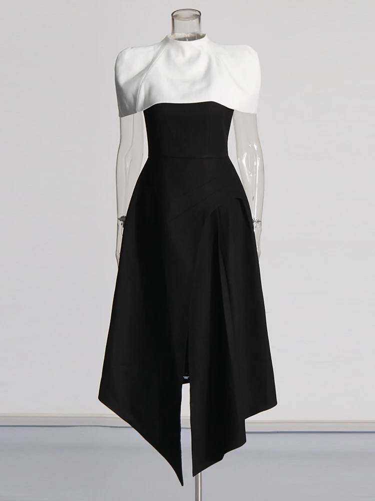 Romiss Colorblack Elegante Lange Jurken Voor Vrouwen Vierkante Kraag Mouwloze Hoge Taille Jurken Afneembare Mantel Vrouw Nieuw