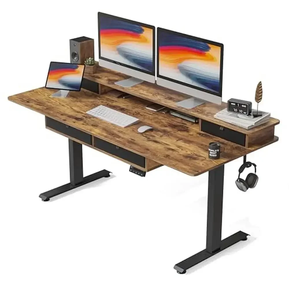 Electric Standing Desk with Storage Shelf and Lockable Casters Height Adjustable Monitor Stand 4 Drawers Rustic Brown Industrial