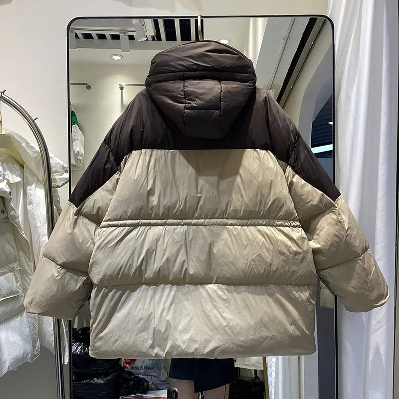 2023 New Patchwork Color Mid Length White Duck Down Coat Women Korean Hooded Loose Waist Wrapped Puffer Jacket Windproof Parkas