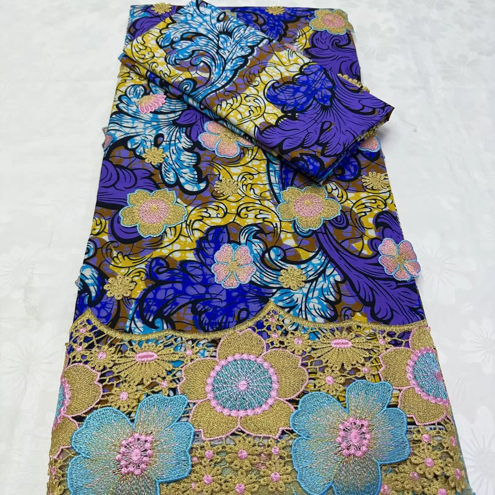 

Ultra Luxury Vlisco Applique Lace 3+2Yards African Heavy Ankara Wax Fabrics 3D Full Embroidery Cord Wax Cotton Lace Material