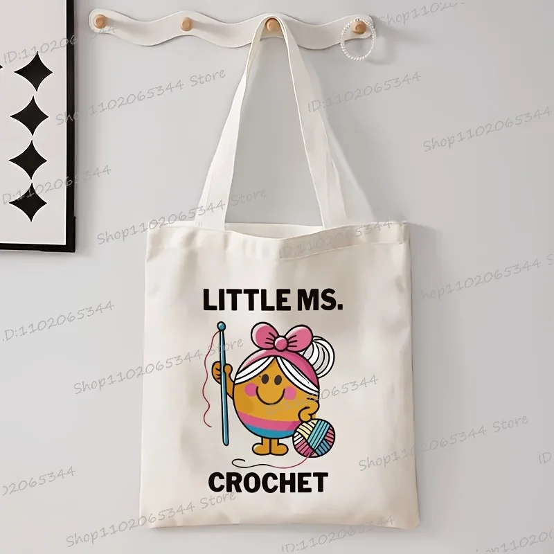 

"LITTLE MS. CROCHET" Print Durable Canvas Tote Bags Women Fashion Colorful Crochet Girl Design Shoulder Bag Travel Tote Bags