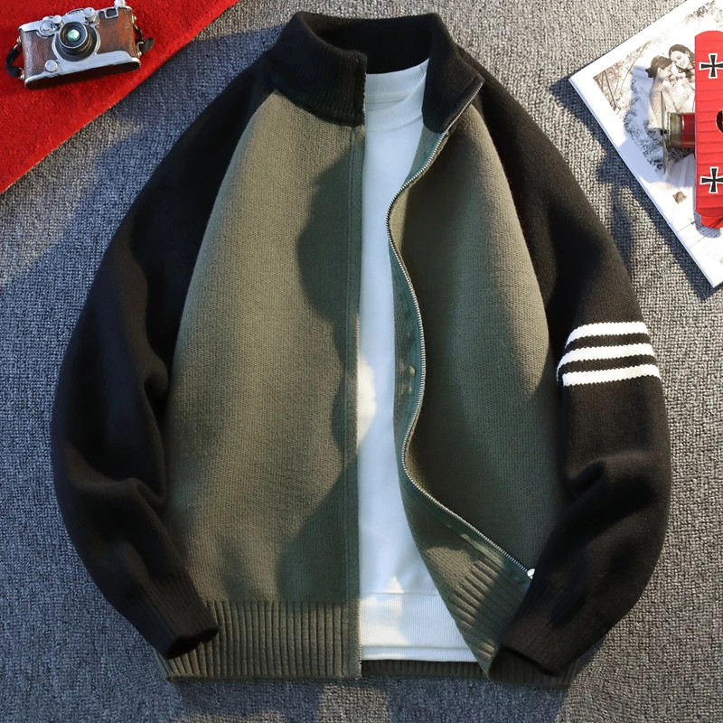 

Мужской вязаный кардиган свободного кроя, модный брендовый, весенне-осенний, повседневный, с цветными блоками, на молнии, с длинными рукавами, стандартный крой