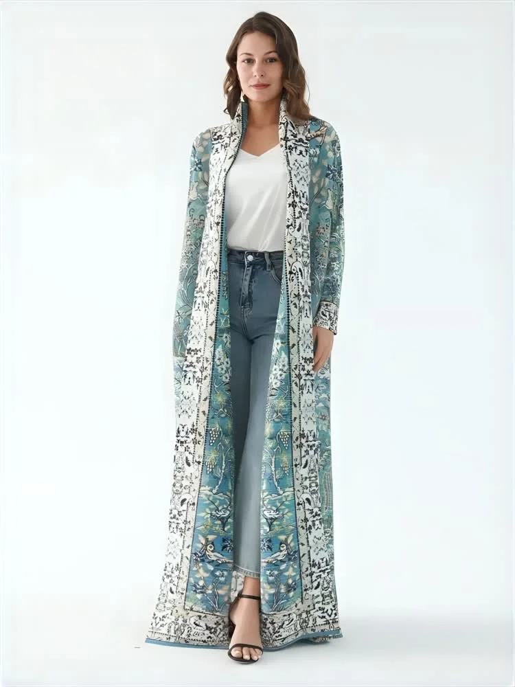 Miyake Pleated Vintage Printed Turn-down Collar Long Sleeve Mix Women Coat Woman Winter 2024 New Dubai Style Plus Size Dresses