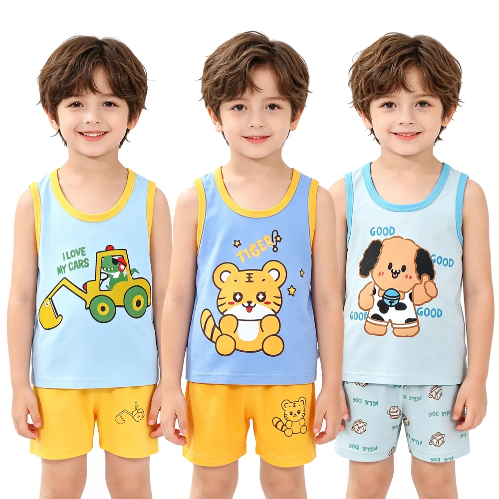 Animal Cartoon Print Boys Sleeveless Pajamas Sets Cotton Kids Tank Tops+Shorts 2pcs Clothing Suits Homewear Nightwear for 0-7Yr