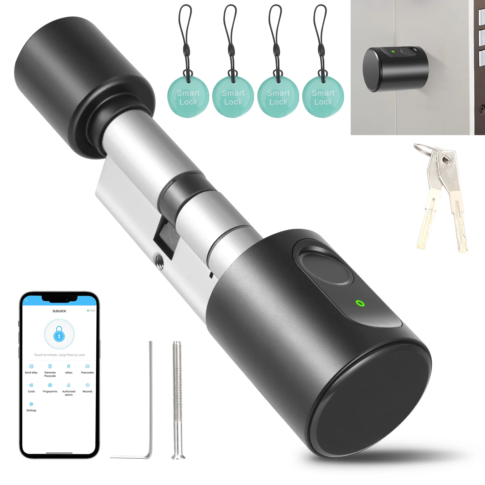Image of Intelligenter elektronischer Türschlosszylinder 60 mm mit Fingerabdruck, 2 Schlüsseln, IC-Karte, Life/Tuya App-Steuerung, Bluetooth, Zylinderschloss