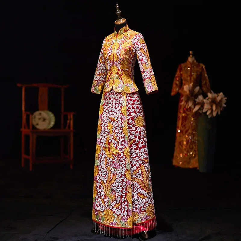 Female Elegant Tassel Cheongsam Dragon Embroidery Chinese Style Gold Wedding Dress Marriage Set Bride Costume Slim Toast Xiuhe