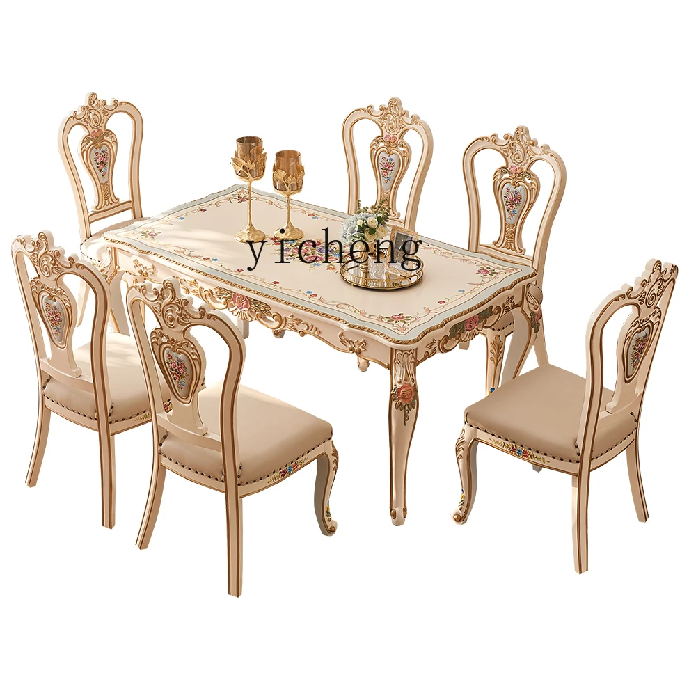 

LX Solid Wood Carved Hand-Painted Floral 1.8m Dining Table and Chair Set