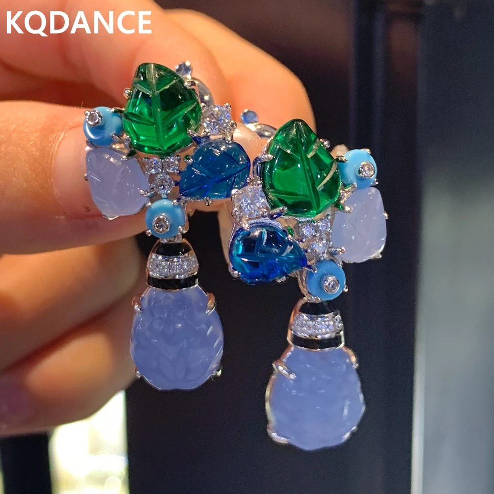 ต่างหูห่วงแบบกอดหูทรงใบไม้ผลไม้ประดับพลอยสังเคราะห์สีม่วงฟ้าเขียวอ่อน รุ่น KQDANCE ทำจากเงินแท้ 925 เครื่องประดับหรูหรา