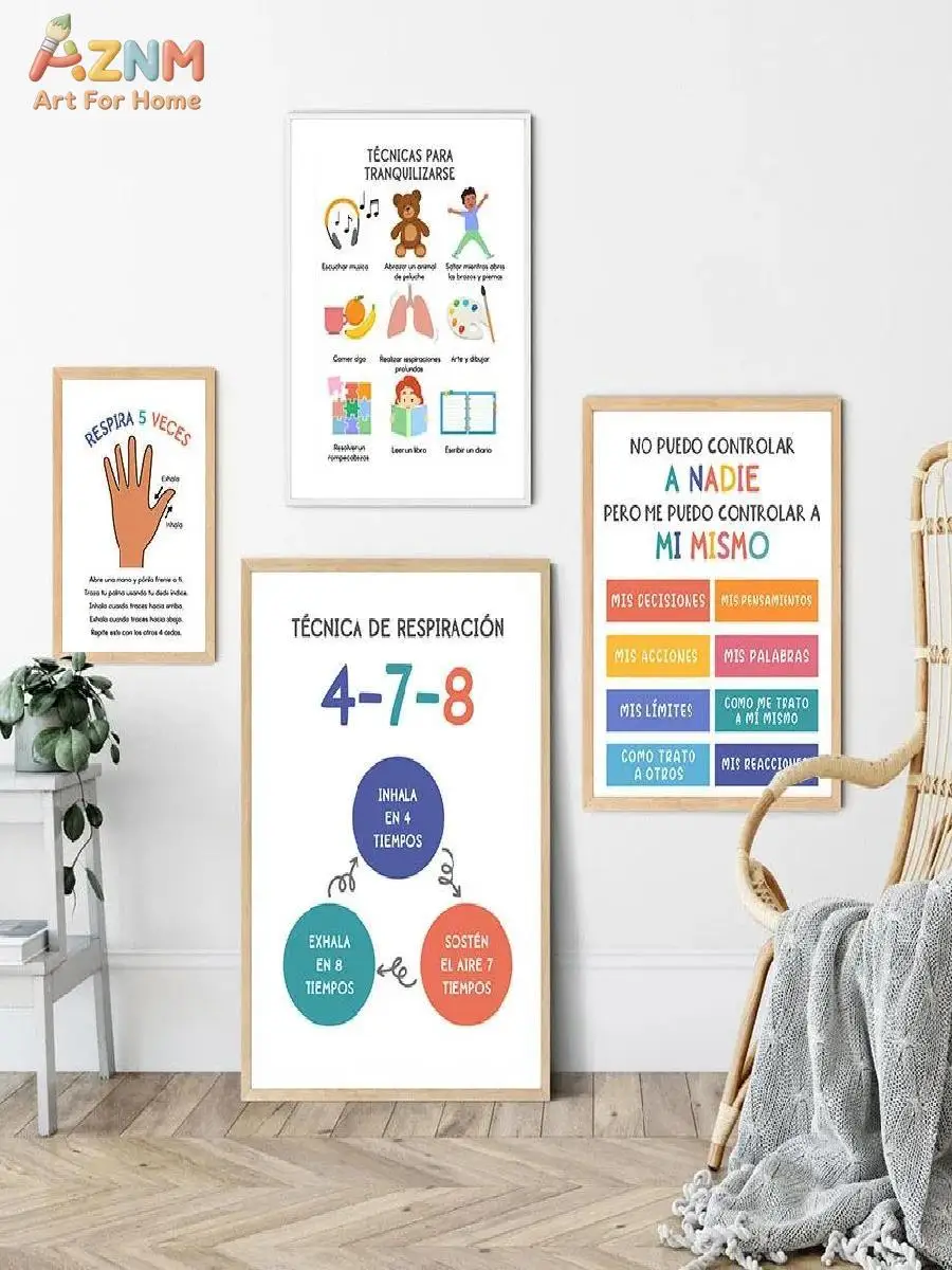 AZNM Spanish Mental Health Canvas Wall Art Calming Breathing Emotions Print for Classroom Therapy Office Decor No Frame