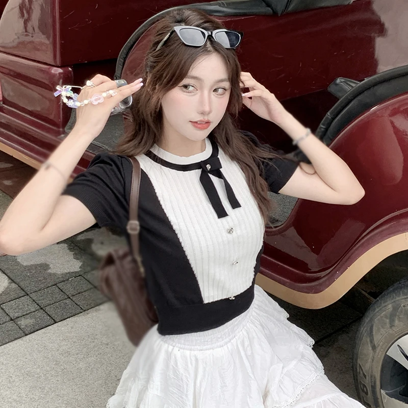 Summer Round Neck Bowknot Fashion Temperament Short Sleeve Sweet Short Knit Pullover Top Black