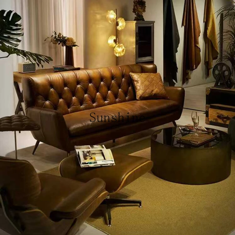 

Retro style oil wax leather American minimalist living room caramel color sofa