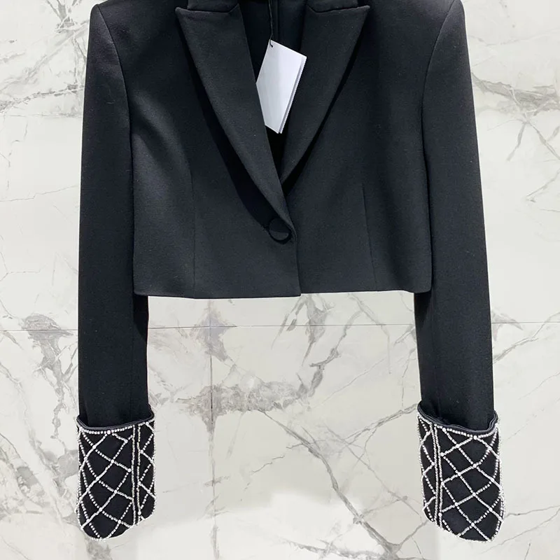 

Wool Blend Short Blazer Coat Fashion Lapel Beaded Long Sleeve Slimming Jacket 2 Colors Office Top Quality Single Button Clothes