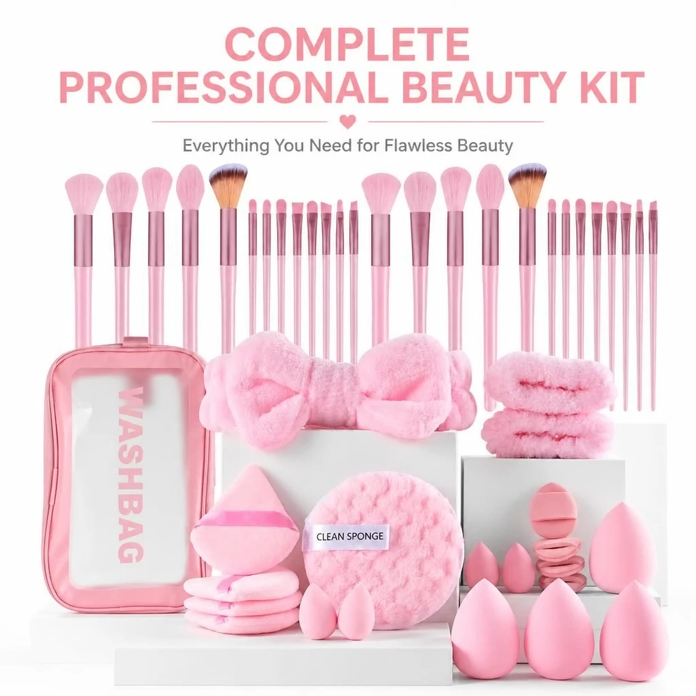 Versatile Cosmetics Tool Kit 26 Pink Makeup Brushes 4 Triangular Sponges 1 Round Puff 8 Blenders with Bag