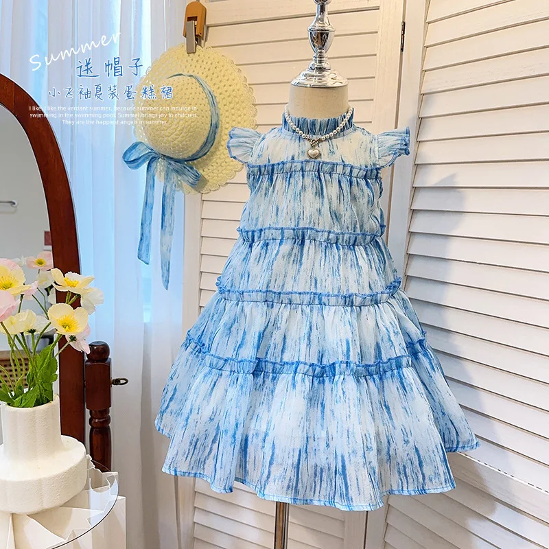 2024 Summer Girls' Dress Children's blue Little Flying Sleeve Dress for Birthday Party Baby Princess Cake Dress give a Hat