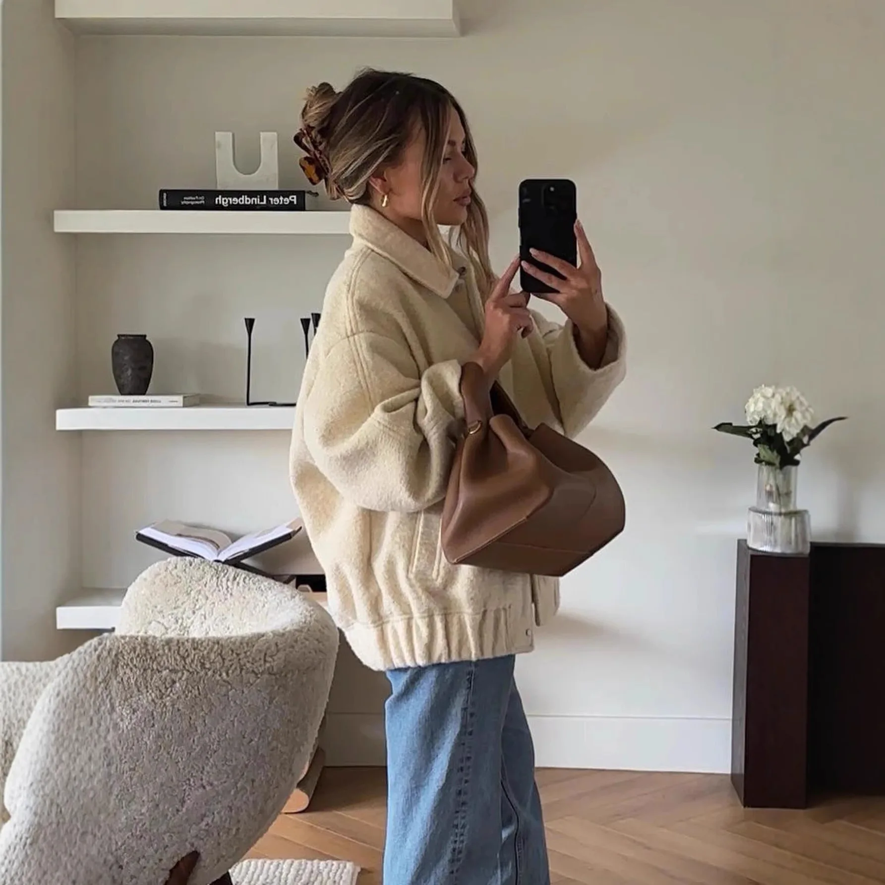 

European and American Style New Women's Lamb Wool Turn-Down Collar Long Sleeve Jacket Coat Autumn Winter Loose Fit Elegant