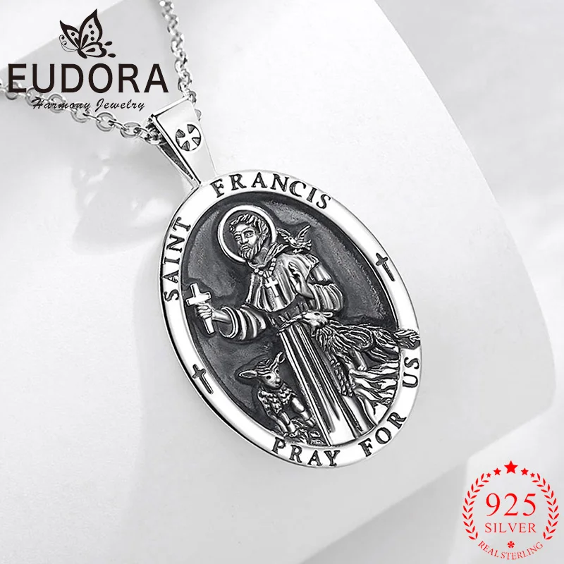 

Eudora стерлингового серебра 925 пробы, ожерелье Святого Франциска, крест-амулет, Губби Волк, винтажный кулон, католические ювелирные изделия, подарок для мужчин и женщин