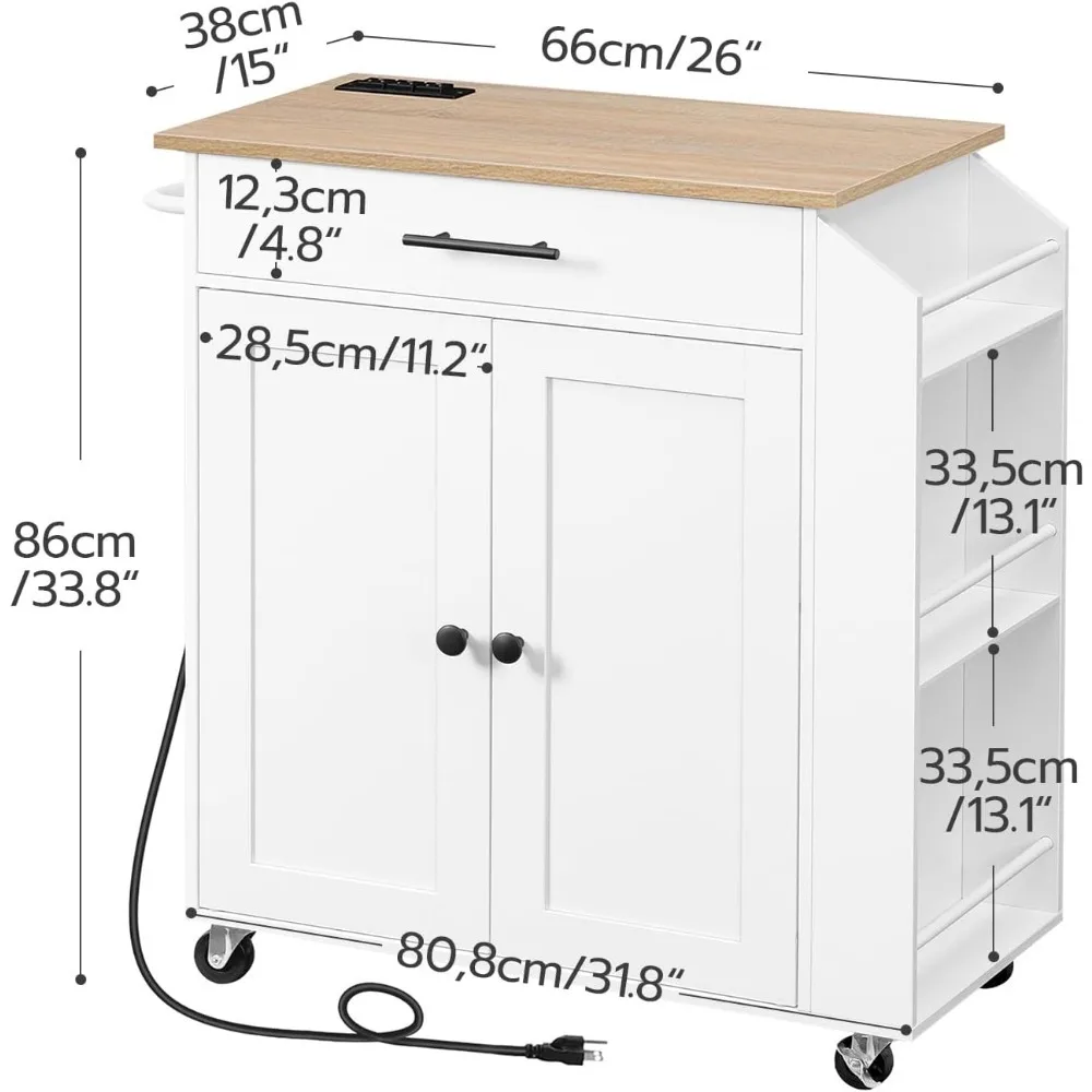 Rolling Kitchen Cart on Wheels With Power Outlet Kitchen and Dining Room for Home White and Natural WN82UZD01G1 Storage Cabinet