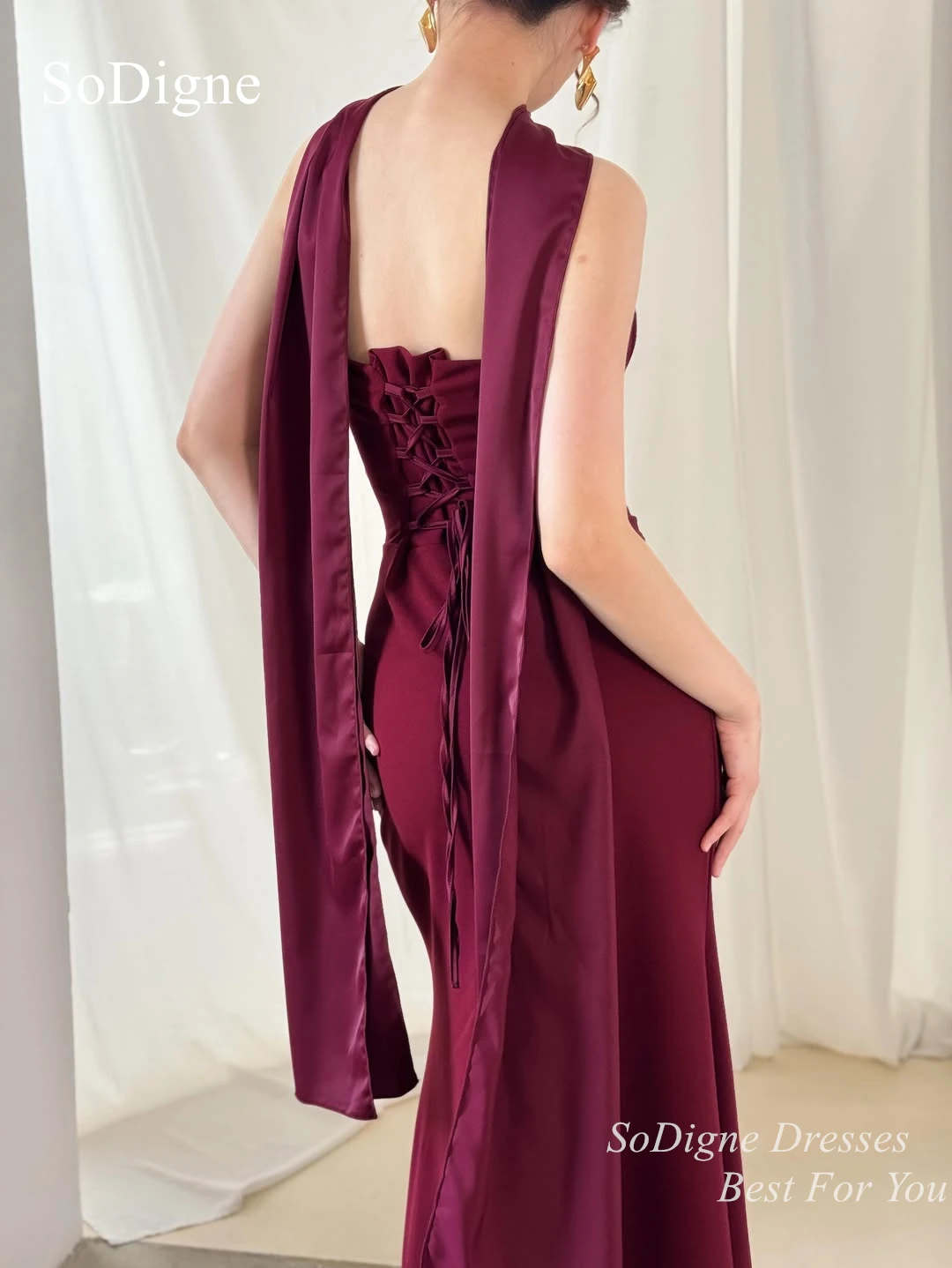 SoDigne Charming Evening Dresses Pleated Strapless Sleeveless Lace-up Party Dress Ribbons Bodycon Maxi Prom Gowns Customized