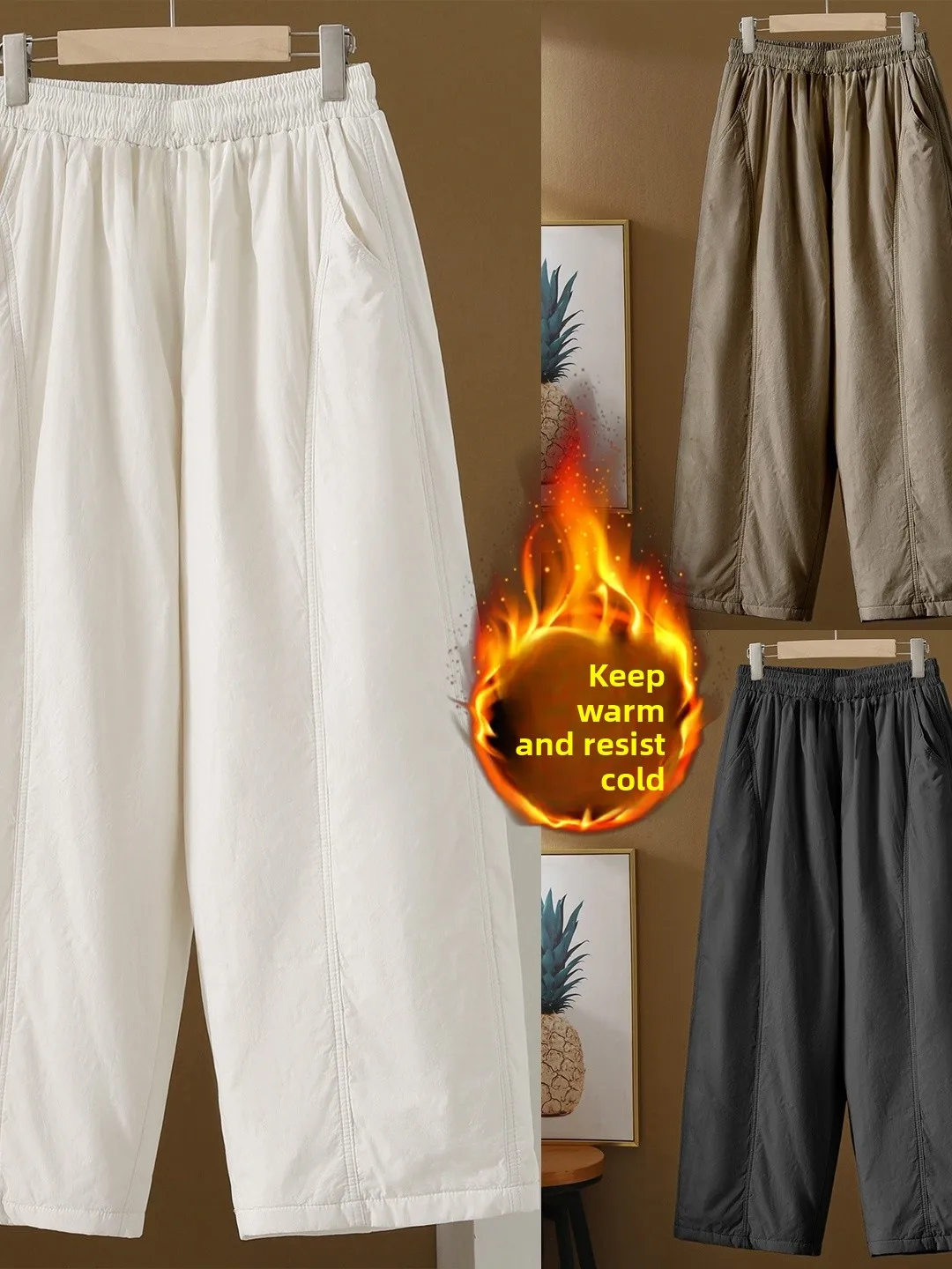 Thiened القطن بنطال ذو قصة أرجل واسعة شتاء جديد Sle لون نقي المرأة فضفاضة عادية ثنى بنطلون طويل عالية الخصر القطن #1