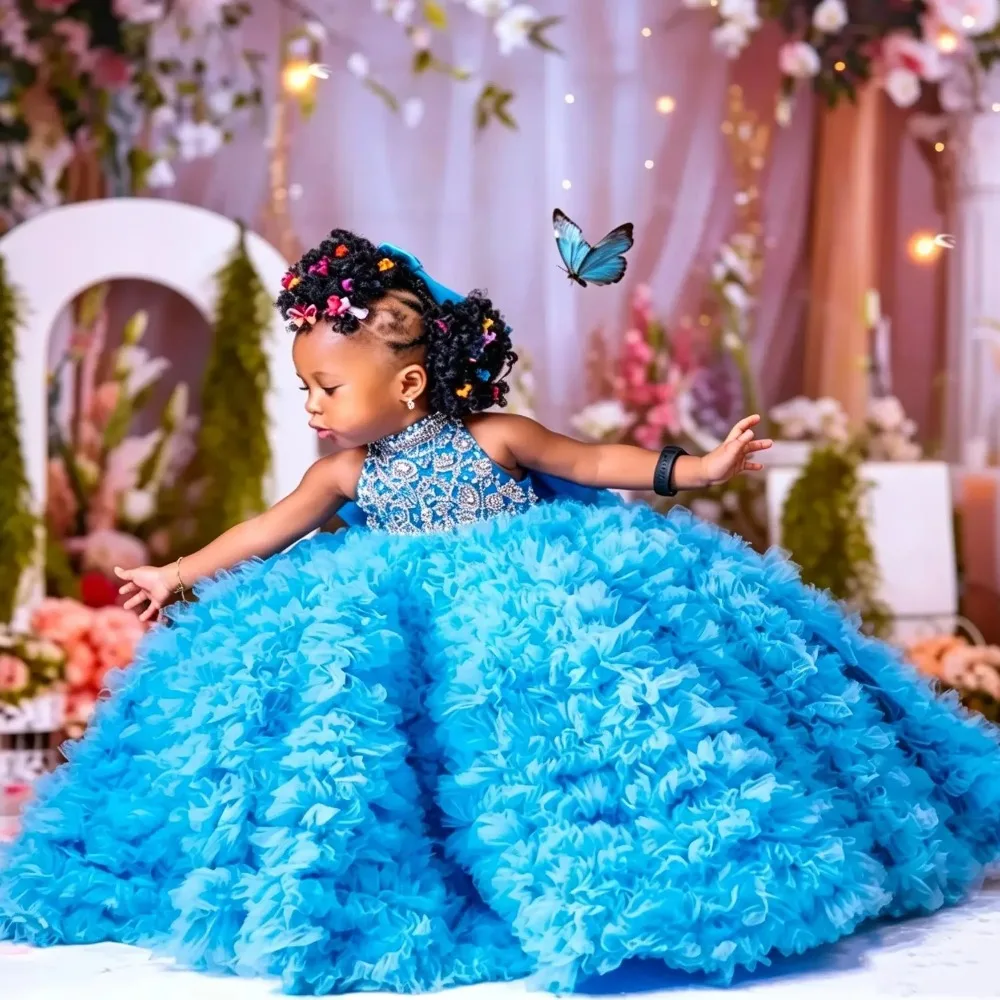 Custom Luxury Dress Women Wedding Guest Dress Flower Girl Wedding Gown Birthday Party Pageant Runway Blue Beaded Ruffled Tulle