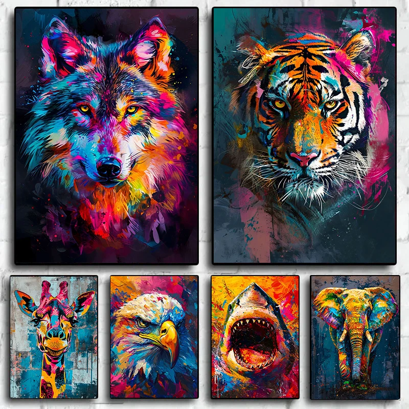 Abstract Graffiti Lion Eagle Wolf Tiger Colorful Animal Poster Print Canvas Painting Wall Art Picture for Living Room Home Decor