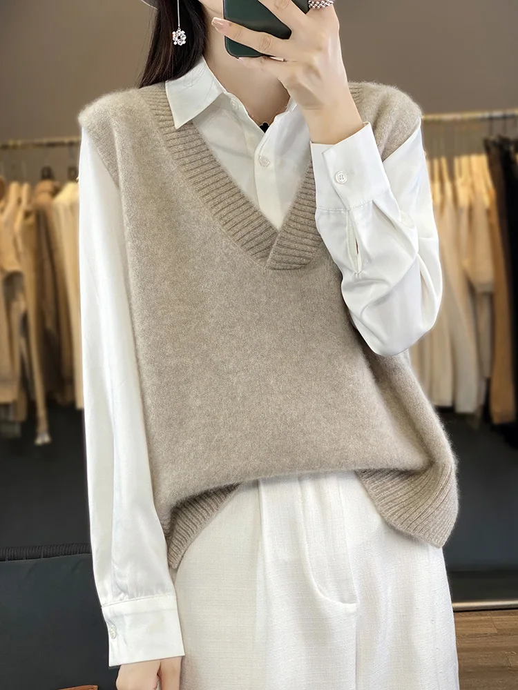 100% 캐시미어 조끼 조끼 여성 V 넥 민소매 니트 숄 캐시미어 스웨터 겨울